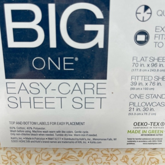 Kohls The Big One Twin Size Sheet set yellow gold floral cotton blend NWT - Picture 6 of 8